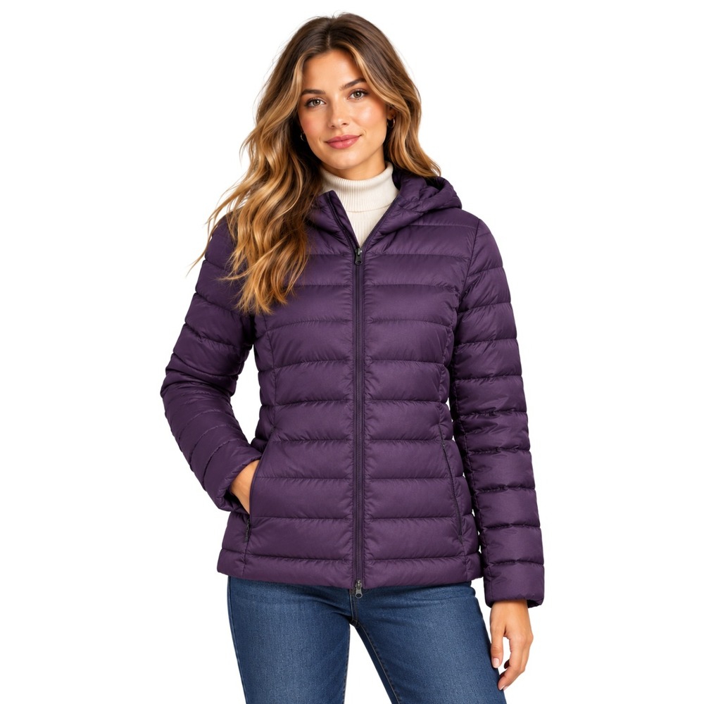 Eddie Bauer EB650 Down Full Zip Quilted Hooded Puffer Jacket Womens Purple Large